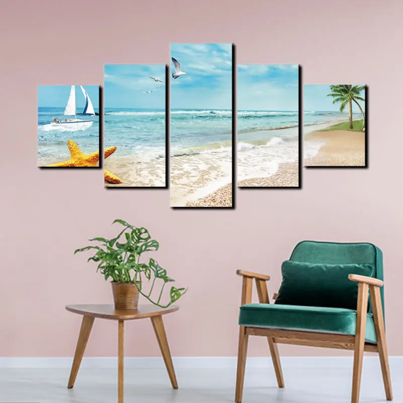 3D Seaside Beach Five Pictures Nordic Style Mural Living Room Bedroom Minimalist Sofa Wall Home Decoration Painting Frameless