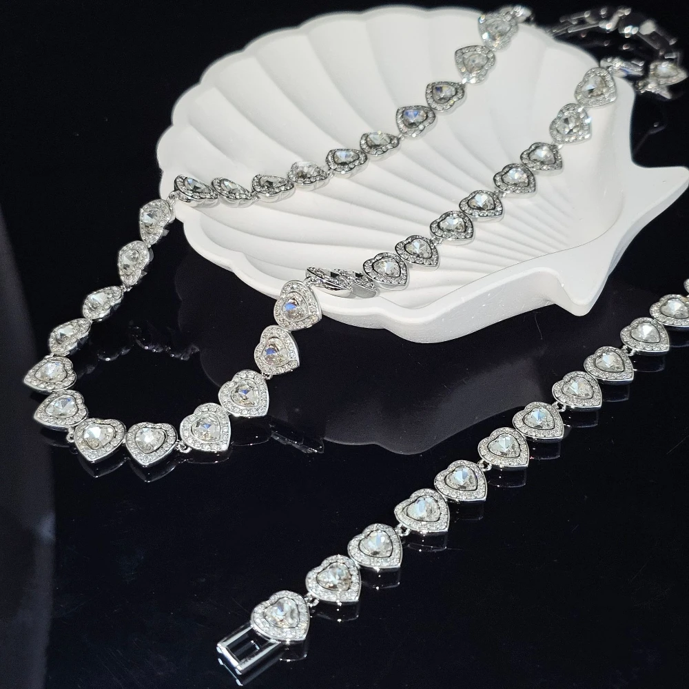 YEEVAA White Crystal Heart Pave Cubic Zirconia Necklace Bracelet Earrings Engagement Wedding Jewelry for Women Bridal Gift