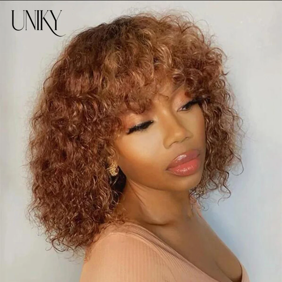 Afro Kinky Curly Scalp Top Wig with Bangs 180% Density Mongolian Remy Human Hair Wig Silk Top Full Machine Wigs Skin Base O Part