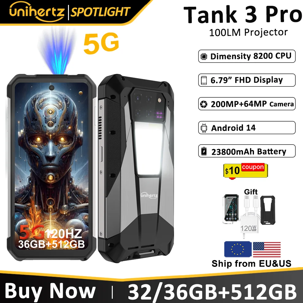 

Unihertz Tank 3 Pro 8849 Smartphone with 100 Lumens 120Hz Projector 32GB+512GB 5G Phone 23800mAh 120W Fast Charger 200MP Camera