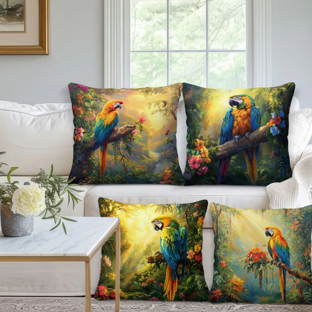 Tropical rainforest parrot throw pillow covers with digital printing of short plush fabric Car-shaped sofa cushion Home decor