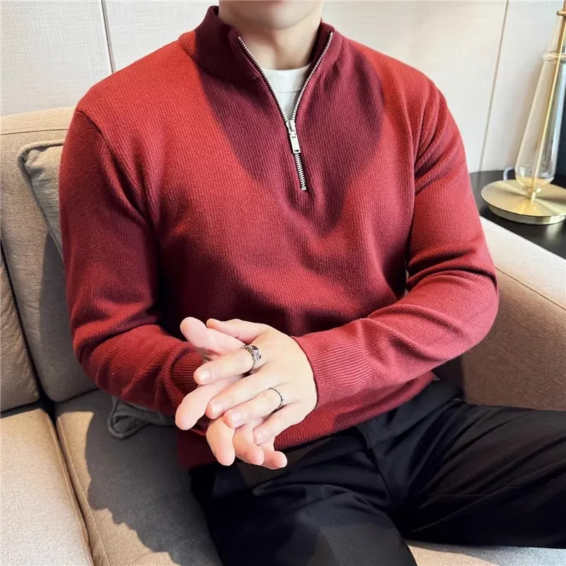 Sweater rajut pria, kualitas tinggi musim gugur musim dingin pria Slim Fit setengah ritsleting pullover rajut pria kerah berdiri kasual Sweater rajut