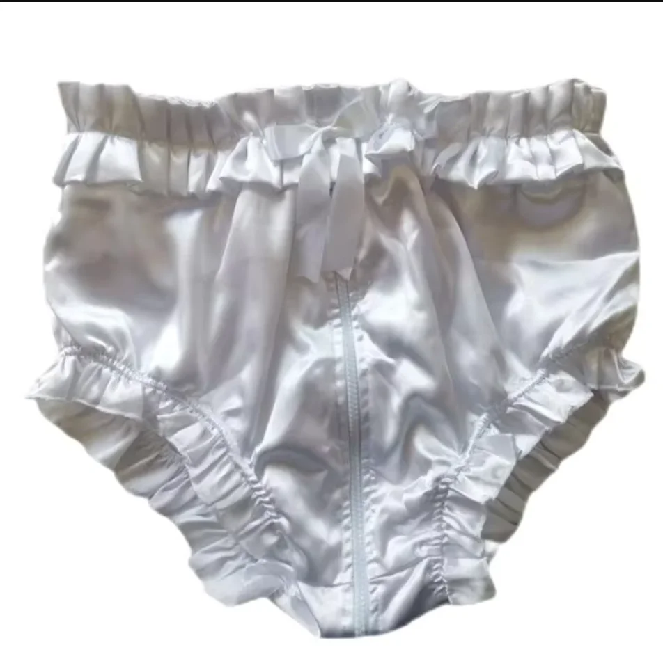 

French Sexy Adult Customized Fetishist Crossdressing Sissy Satin Center Zipper with Open Bow Ribbon Triangle Shorts