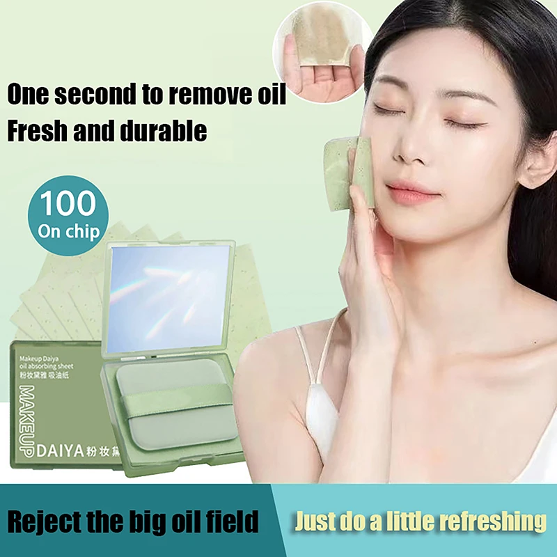 200/100PC Face Oil Blotting Papers with Mirror&Makeup Puff Refreshing Portable Oil Control Tool Kits Facial Oil Absorbing Sheets