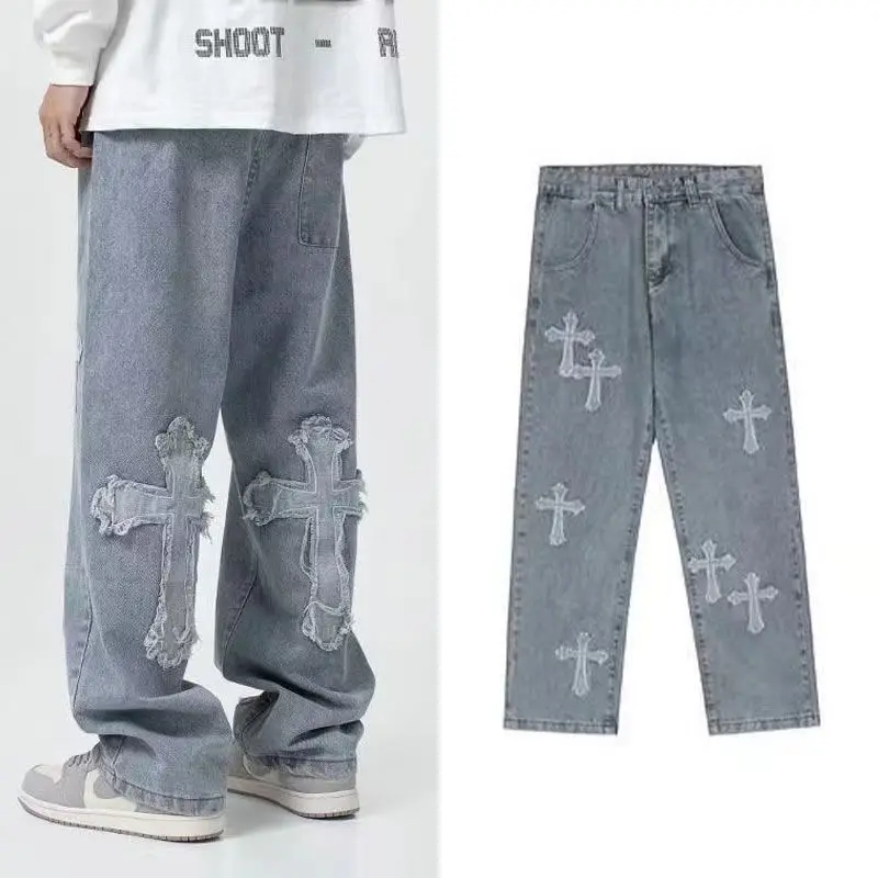 Fashion Cross Jeans for Men Hip Hop Streetwear Straight Loose Vintage High Street Cross Patch Man Baggy Denim Wide Leg Trousers