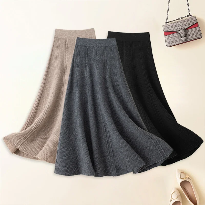 Autumn Woman's Clothing Skirt Elastic High Waist A-Line Skirt 100% Woollen Computer Knitted Jumper Korean Mid Calf Skirt A232