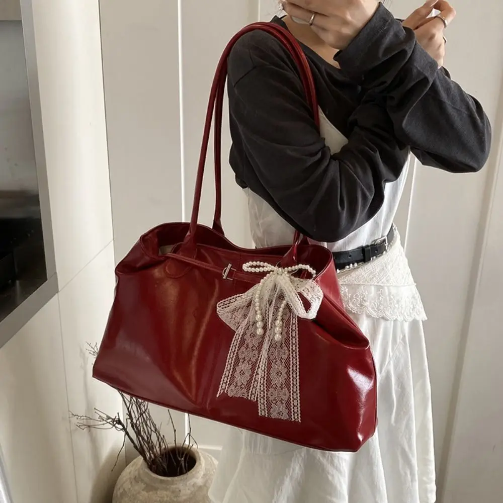 

PU Leather Shoulder Bag Solid Color Tote Bag Versatile Armpit Bag with Bow Lace Pendant Large Capacity Underarm Bag
