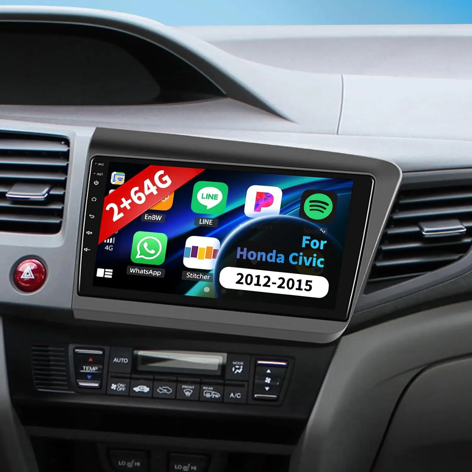 9' Android 15 Car Stereo for Honda Civic 2012-2015 with Wireless CarPlay, Android Auto, GPS, WiFi, Bluetooth, Backup Camera, MIC