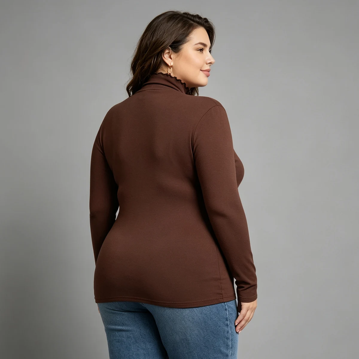 Damen Plus Size Warmes Herbst/Winter Einfarbiges Modisches Rollkragen-Langarmshirt für den Alltag, Sport und Komfort, Schlanke Passform – Detail 11