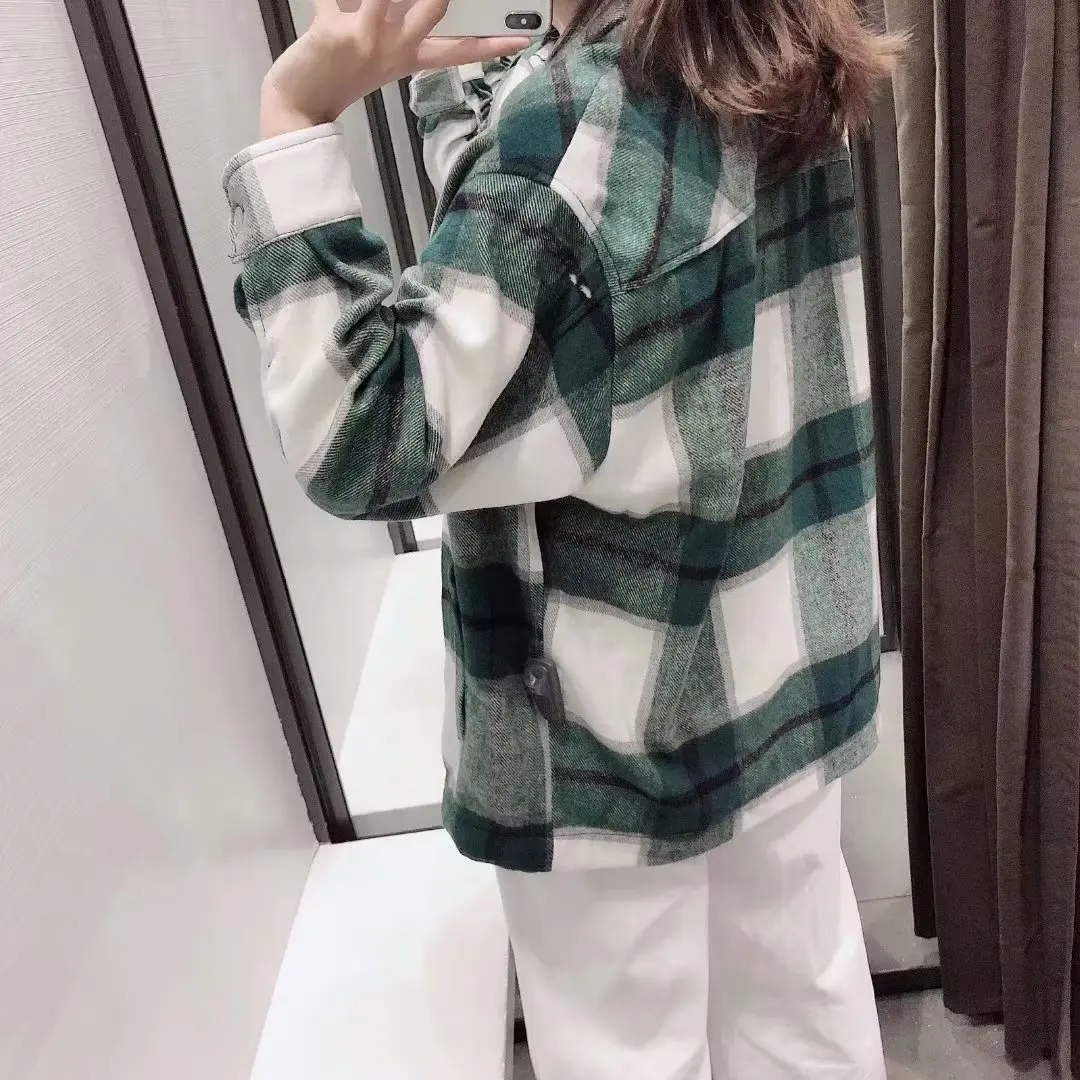 2023 Winter Oversize Gingham Plaid Woolen Shirt Jackets Warm Women Fashion Pockets Lapel Cute Girls Chic Check Coat Streetwear