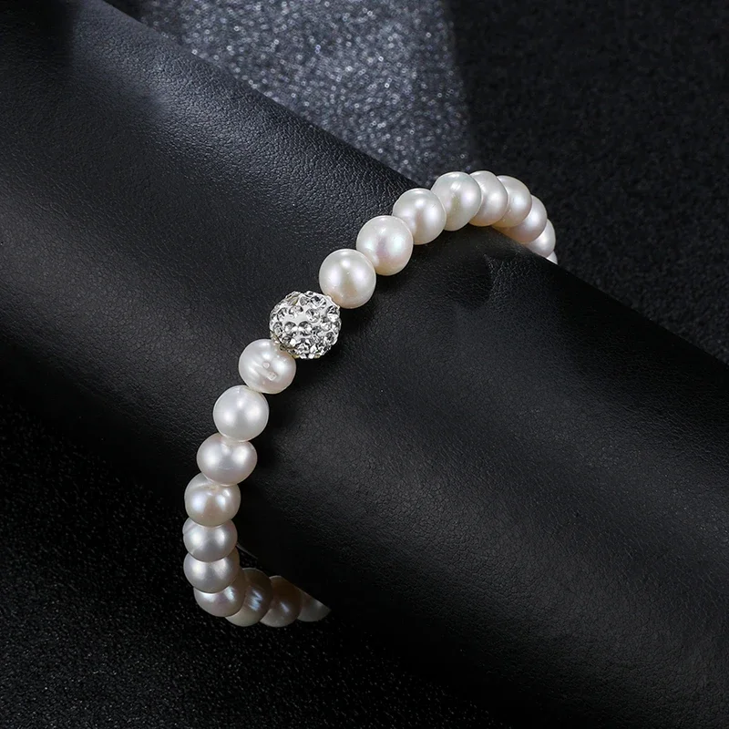 

YWYC Punch Oval Thread Elastic Rode 6-7mm Freshwater Pearl Bracelets Zircon Bead Women's Hand Bracelets Jewelry for Women Girls