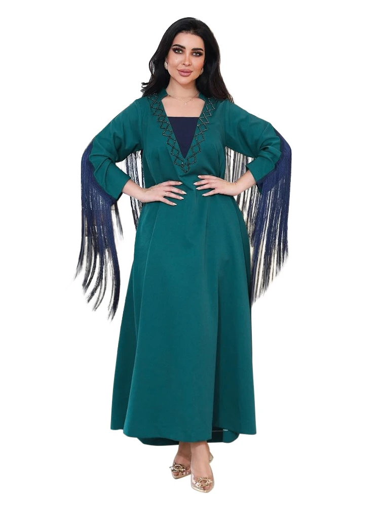 Women Eid Muslim Abaya Party Dress Tassel Ramadan Morocco Kaftan Islam Diamonds Long Robe Gorgeous Jalabiya Loose Abayas 2024