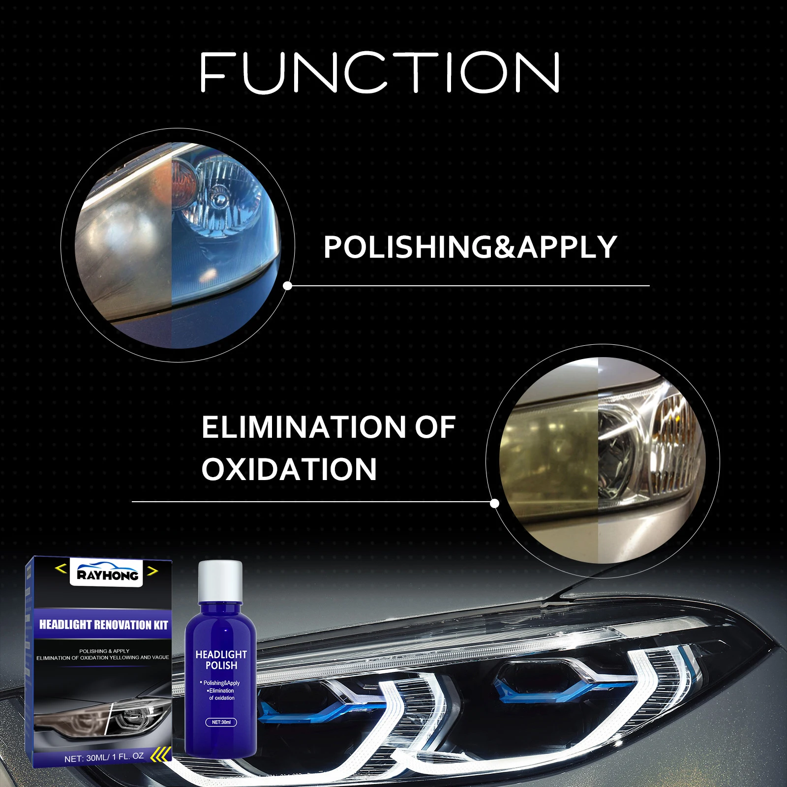 Car Headlight Restoration Kit Auto Polish Cleaner Coating Remove Yellow Fog & Scratches Makes Cloudy Headlights Clear Like New