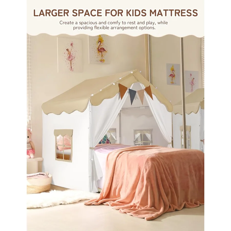 Play Tent 2 in 1 with Padded Mat and Lights Large Indoor Outdoor Playhouse with 2 Doors 4 Windows Christmas Toddler Tent Brown