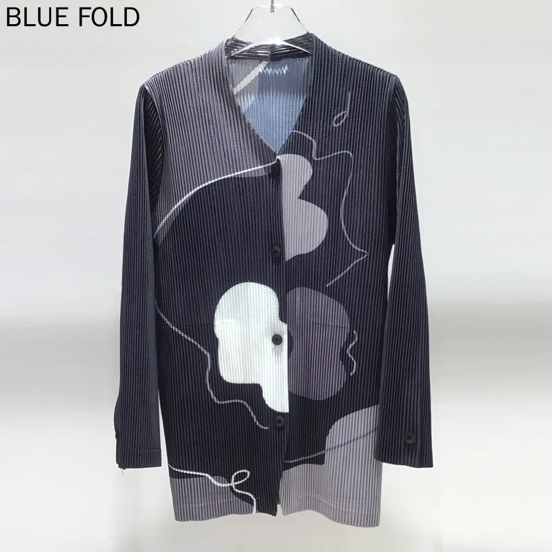 Miyake Printed Long-sleeved Jacket for Men, Pleated Tops, Loose, New, Spring and Autumn