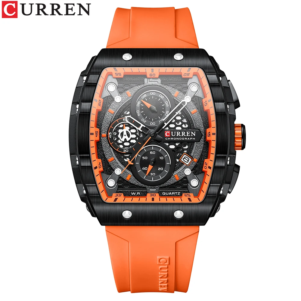 CURREN Chronograph Quartz Watch for Men Tonneau Dial Military Sport Wristwatch with Orange Silicone Strap Auto Date