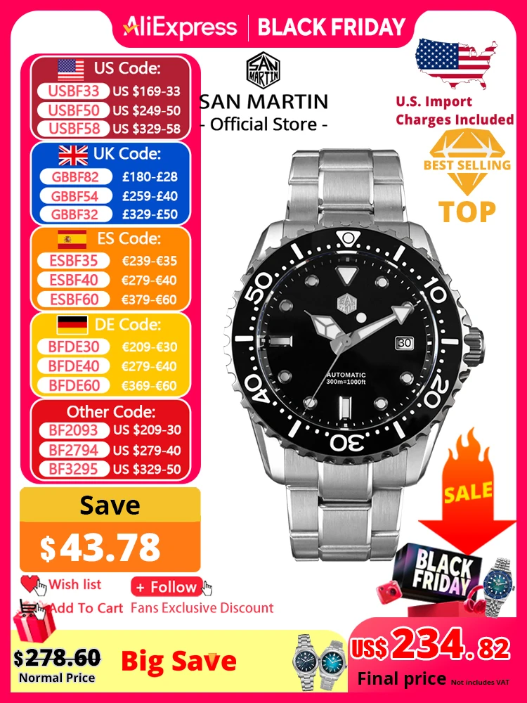 

San Martin, новые роскошные мужские часы для дайвинга, 44 мм, классические, высокого качества, NH35, автоматические механические с сапфировым стеклом BGW-X1, 20 бар, Reloj SN0009