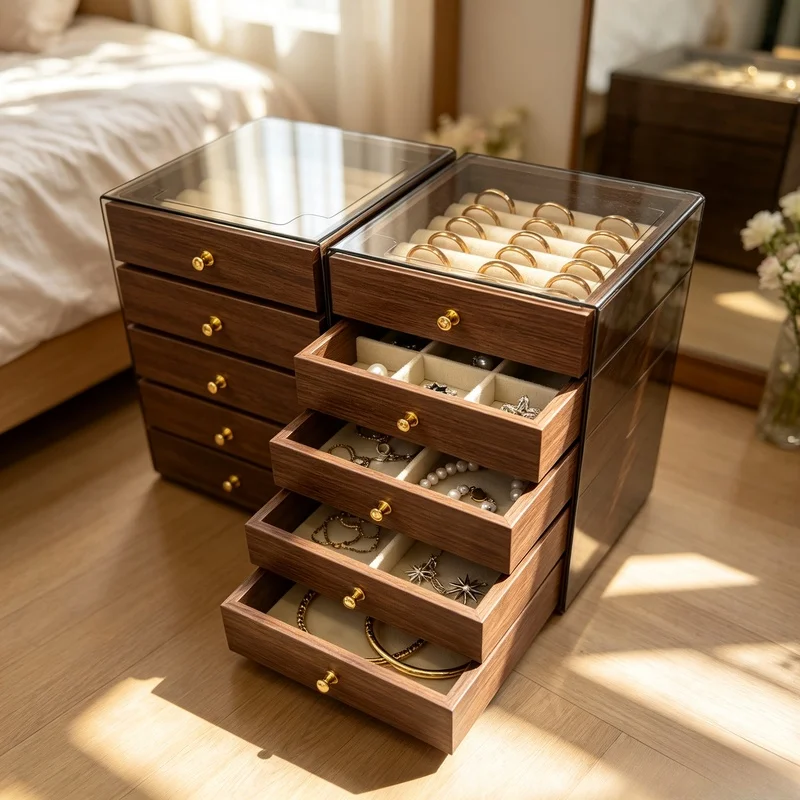 Caja de almacenamiento de joyas de madera de nogal de cinco capas, organizador antioxidación a prueba de polvo para anillos, pendientes, almacenamiento de joyas para mujer