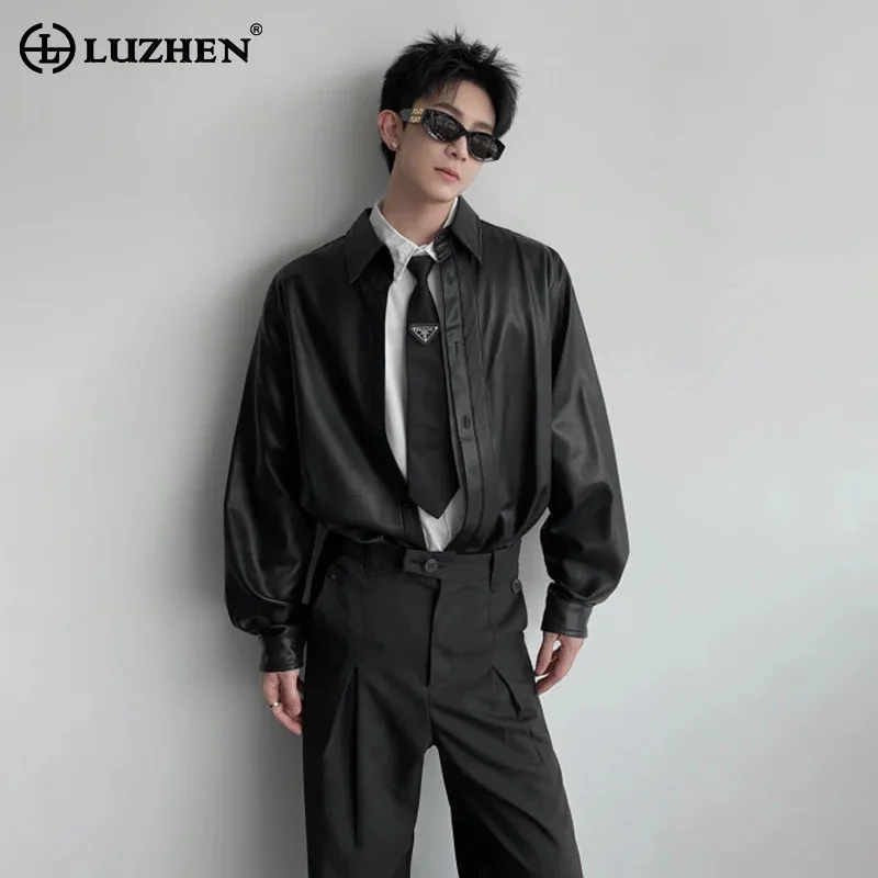 

LUZHEN 2025 Autumn New Solid Color Long Sleeve Leather PU Shirts Men's Fashion Elegant Handsome Casual Tops Male Clothes JY4167