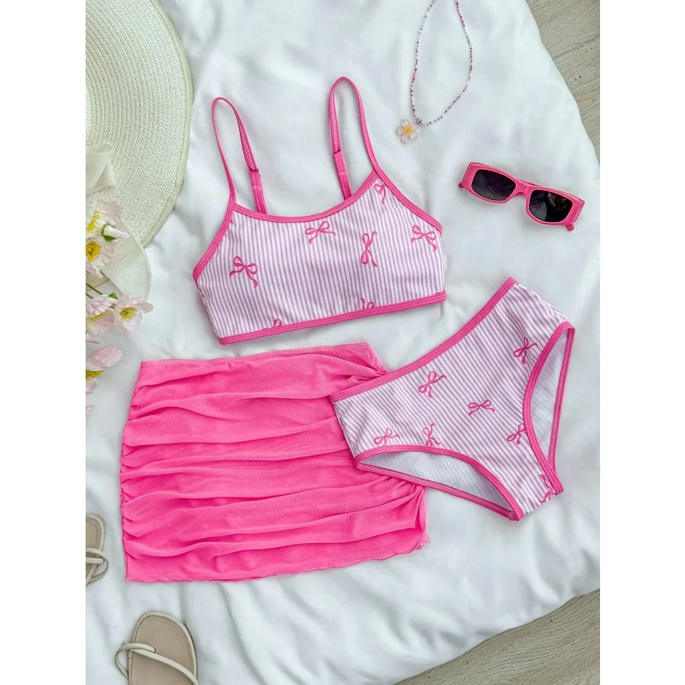 

Girls 3pack Pink Striped Bikini Sets Kids Swimsuit & Beach Skirts 7-16 Years Children 's Swimwear Teens Child Girl Bathing Suit