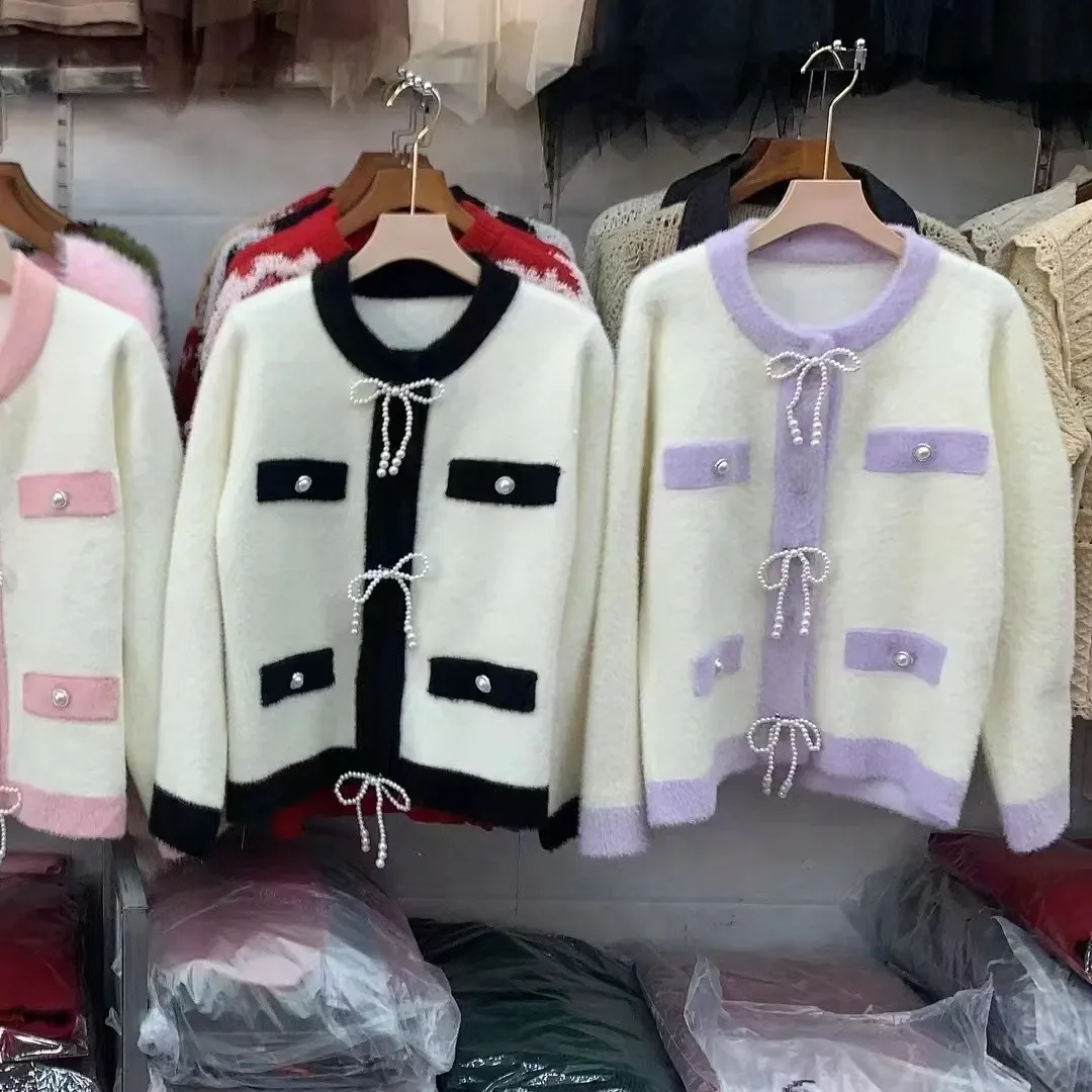 

Chic Knitted Cardigan Sweater Women's Outer Wear High-End Sense Loose Slim Colorblock Mink Fleece Jacket 2025 Spring Autumn