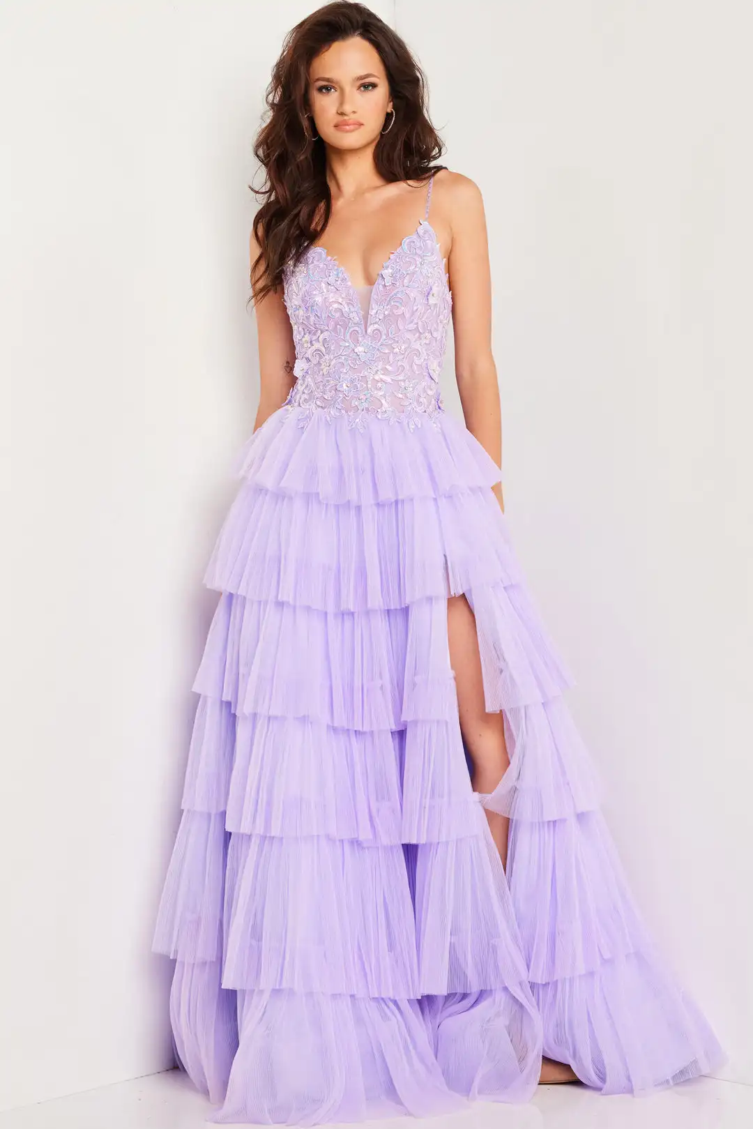 Spaghetti Strap V-Neck Tiered Ruffles Prom Dresses With Split Lace Appliques Sheer Corset Evening Gown A-line Long Cocktail Gown