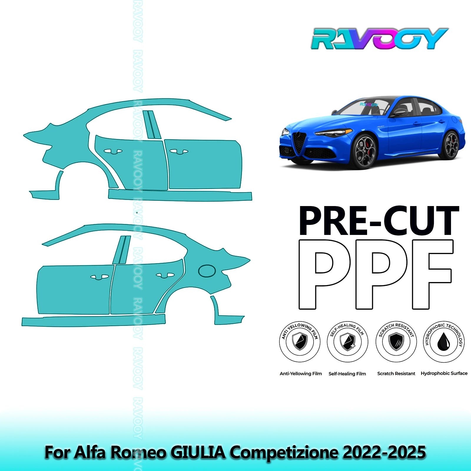 

For Alfa Romeo GIULIA Competizione 2022-2025 8.5mil Clear Matte Pre-Cut PPF Door & A/B Pillar Kit TPU Paint Protection Film Set