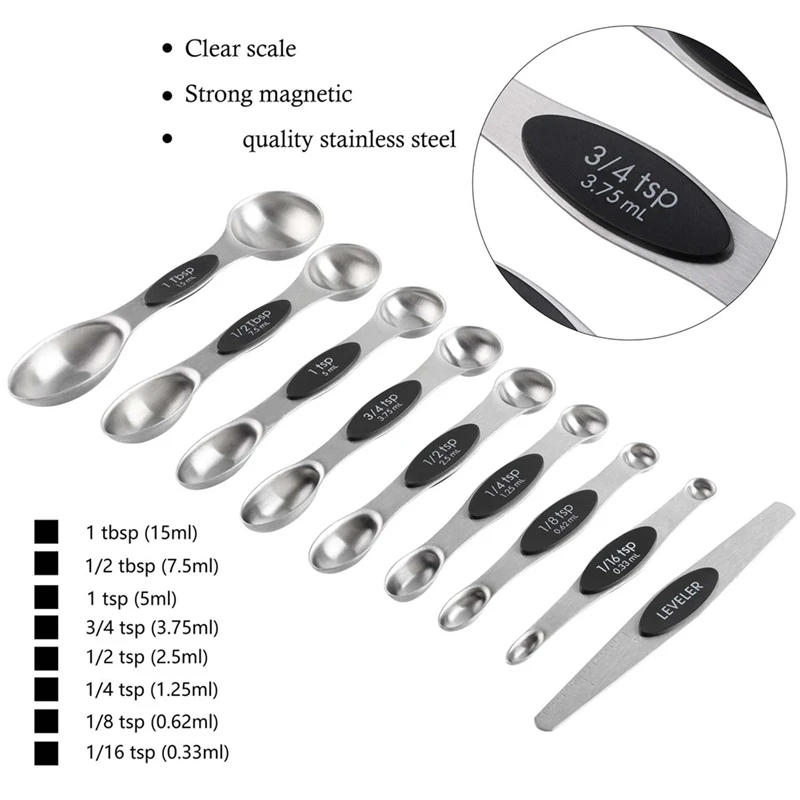 AFBC 16Pc Magnetic Stainless Steel Measuring Cups & Spoons Set, 7 Heavy Duty Cups,8 Double Sided Spoons With Leveler