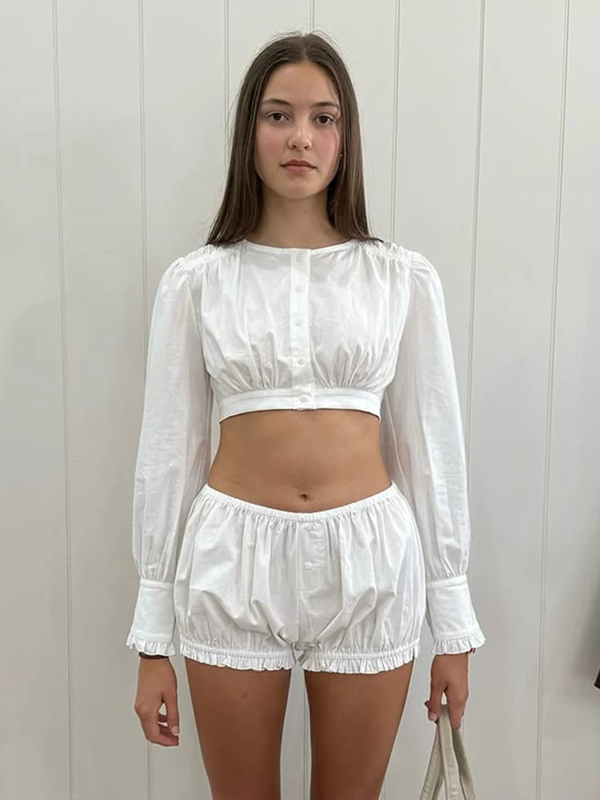 

Marthaqiqi Cotton Women Sleepwear Set O-Neck Pajamas Long Sleeve Nightie Crop Top Nightgowns Shorts Casual Ladies Nightwear Suit
