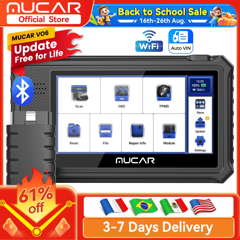 Lebenslanges kostenloses Update MUCAR VO6 OBD2-Scanner Alle Systemdiagnose 28 Reset Auto VIN EPB/BMS/SAS/ABS-Service für alle Autos