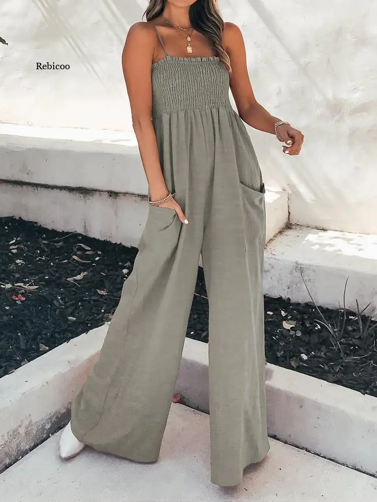 

Women Strap Loose Jumpsuit Summer Casual Wide Leg Pants Solid Dungaree Bib Overalls Sleeveless Pocket Jumpsuits Women Streetwear