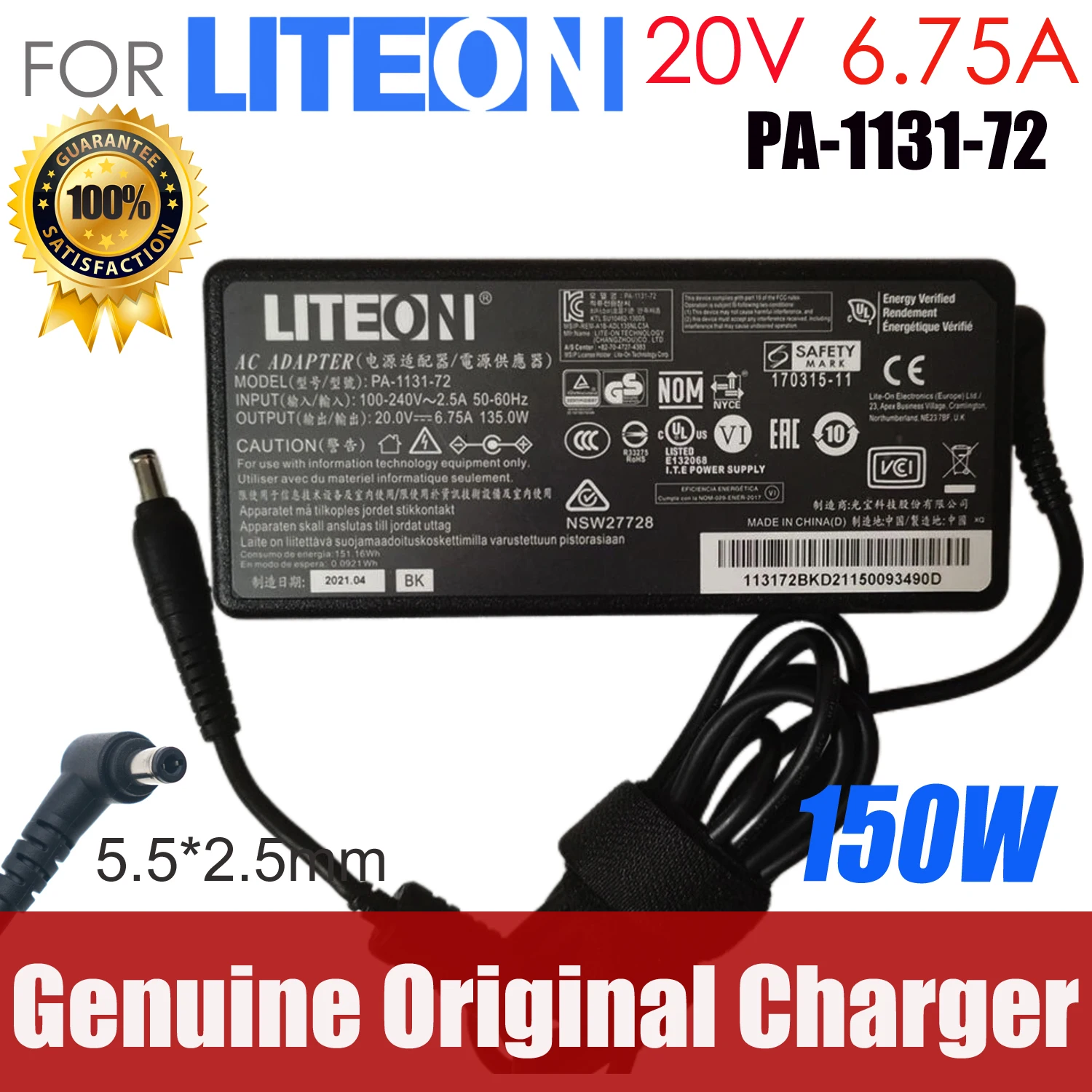 Adaptador OEM LITEON 135W PA-1131-76E 20V 6.75A 5.5*2.5mm para Kensington SD4700P Universal USB-C y USB3.0 Docking Station K38240.