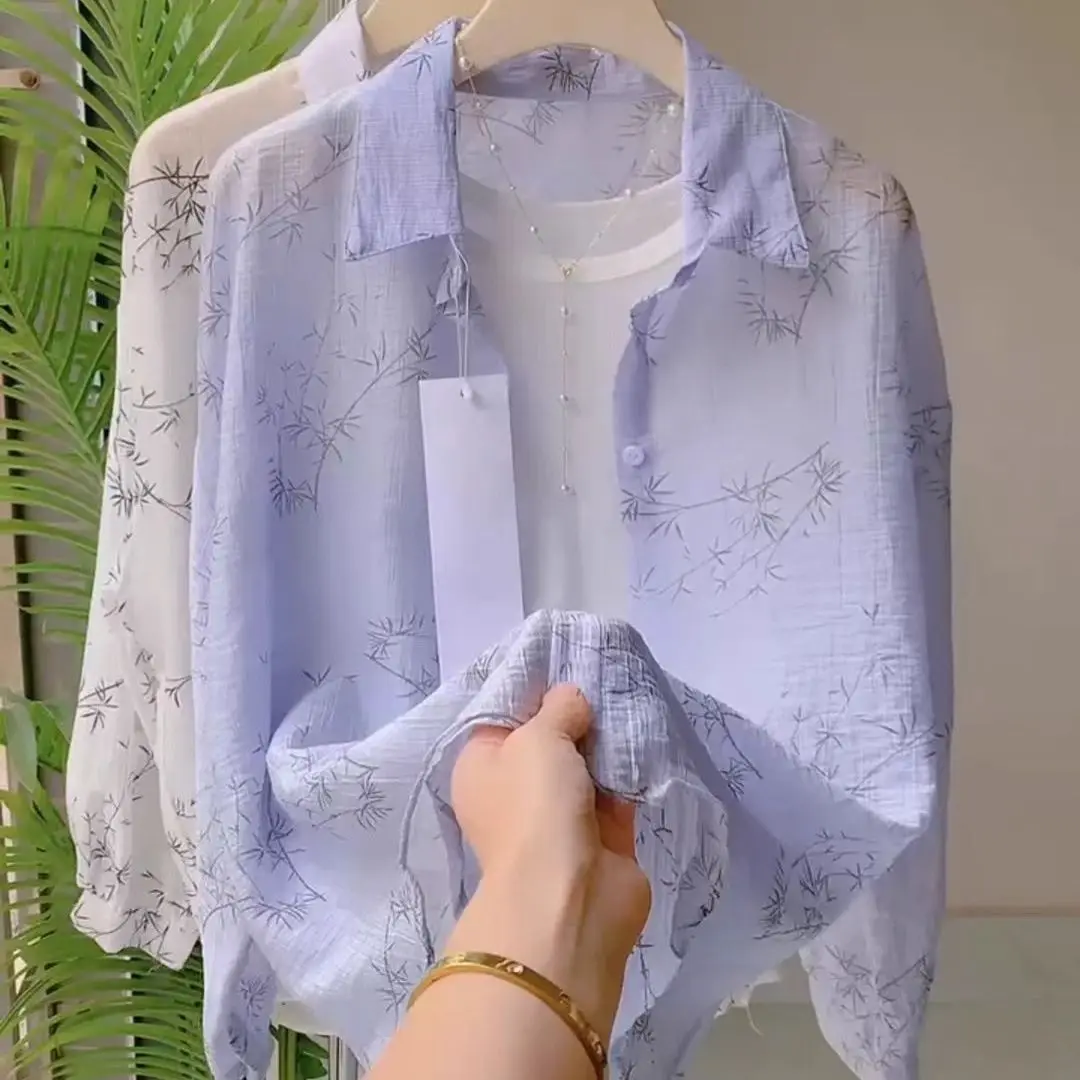Summer Bamboo Leaf Printed Sunscreen Shirt for Women Lightweight and Breathable Cardigan Jacket Polo Collar Long Sleeved Top