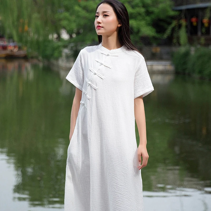 

Chinese Style Women Cotton Linen Long Dress New Arrival 2025 Summer Vintage Knot Button Ladies Elegant A-line Dresses M624