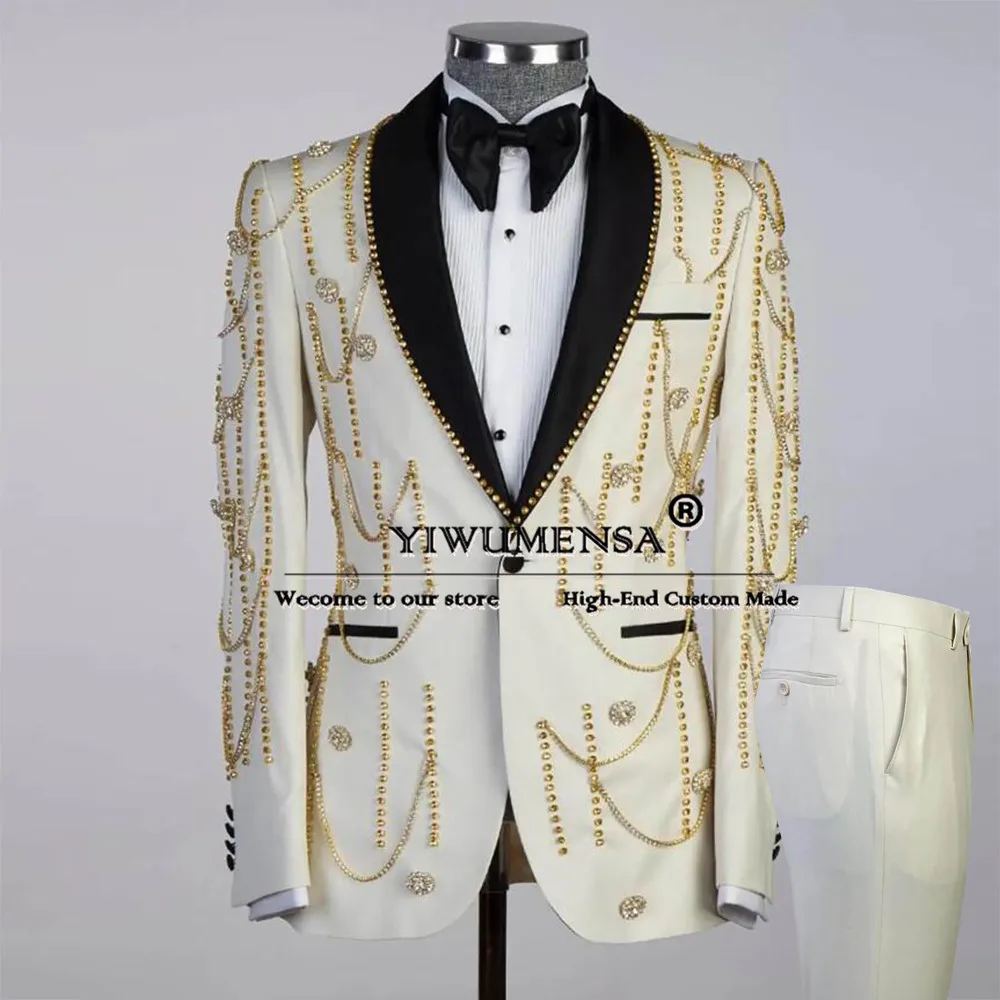 Luxury Groom Wear Tuxedo Gold Beaded Diamond Prom Blazer Tailored Made Formal Wedding Party Suits Men Slim Fit Man Chic Clothing