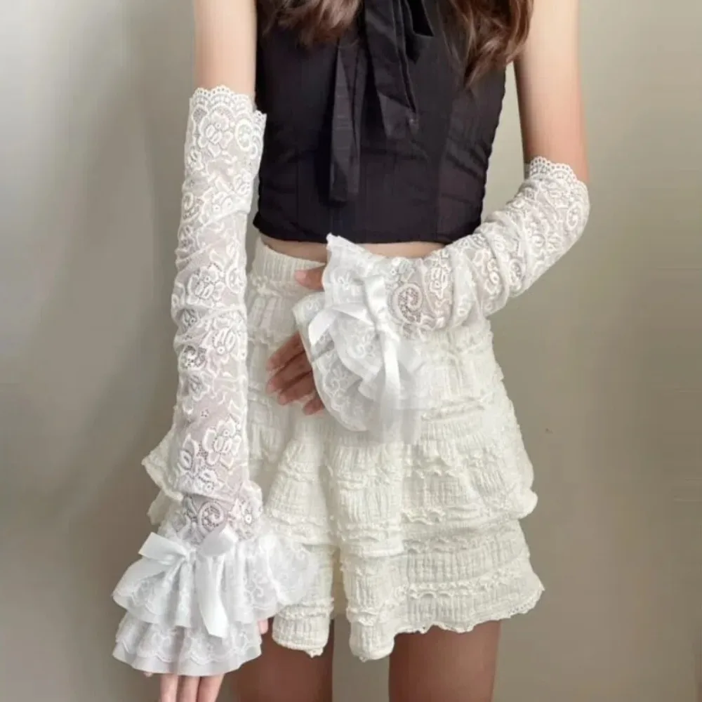 رشيقة الدانتيل Bowknot المرأة كم الحماية من الشمس Y2K الدانتيل أصابع قفازات الجوف خارج قفازات طويلة