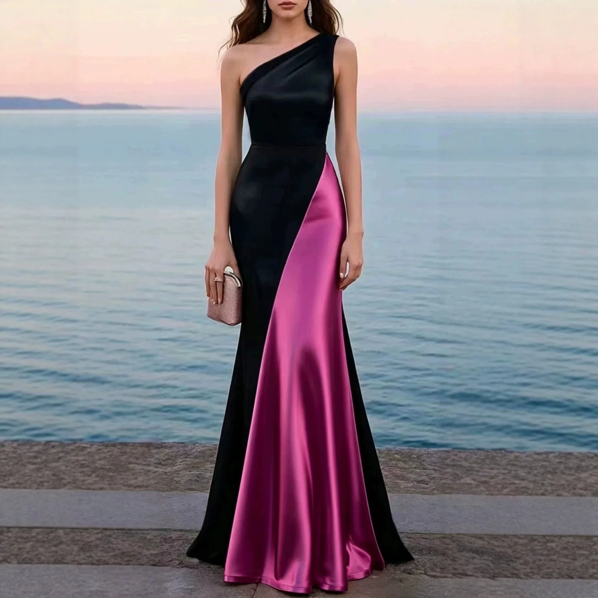 2026 Contrast Color One-shoulder. Satine Mermaid Slim-fit Elegant Lady Style Floor-length Gown. For Banquets, Light Luxury Cloth