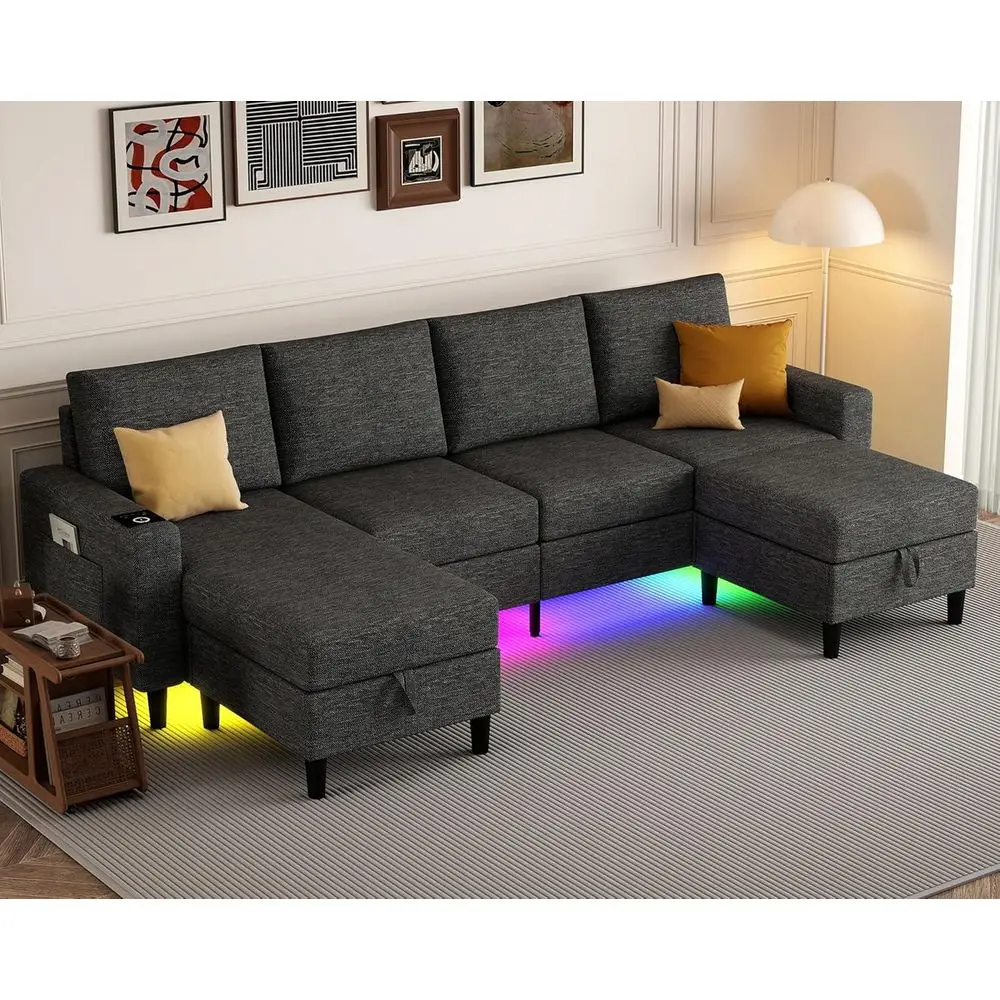 

4-Seat Smart Sectional Sofa with Wireless Charging, USB Ports, RGB Lights, Reversible Chaise & Storage Ottoman in Grey