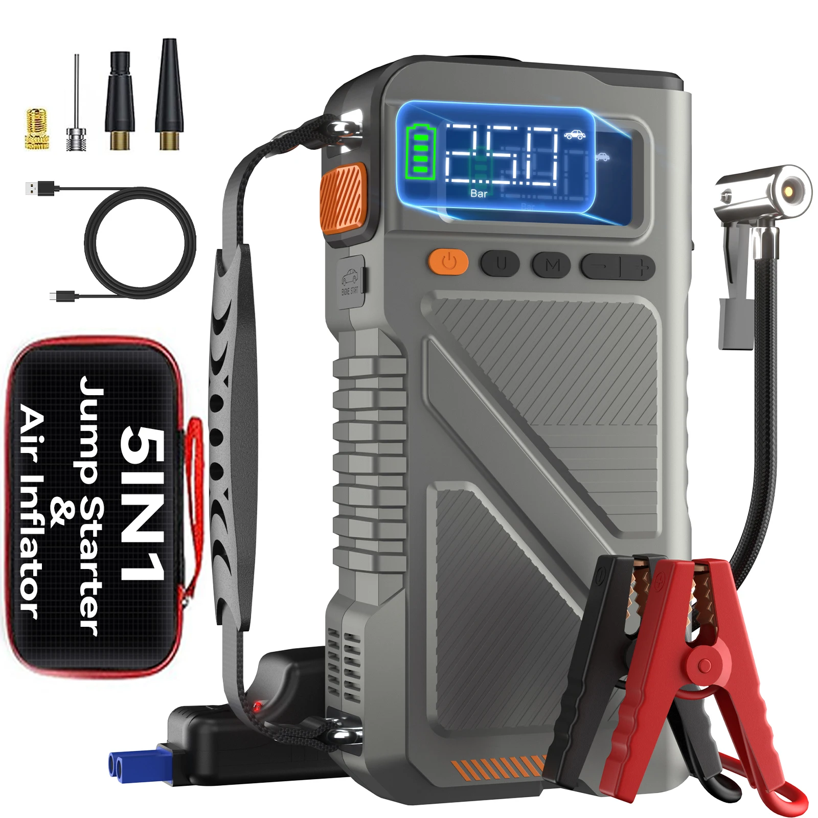 

6000A Jump Starter With Air Compressor, 5 In 1 Function Jump Box 150PSI Jump Starter Battery Pack With Digital Tire Inflator, Ca