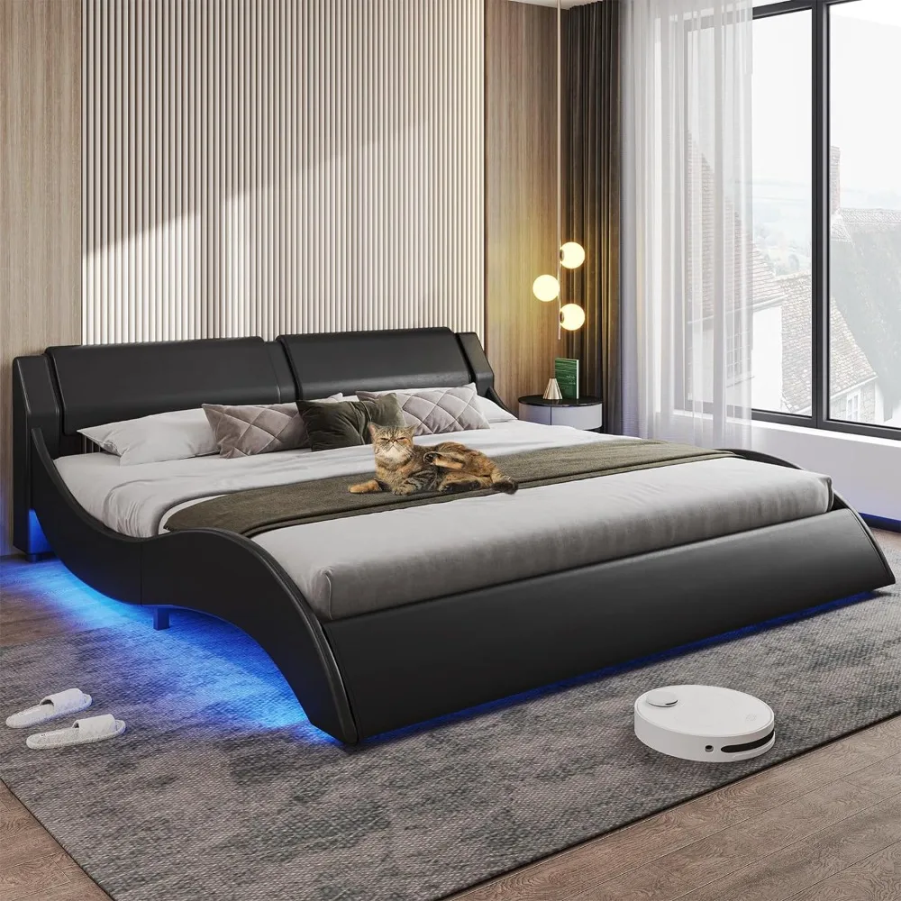 

California King Bed Frame with Headboard and Led Lights Modern Faux Leather Low Profile Platform Bed Wave Like Curve Bed Frame