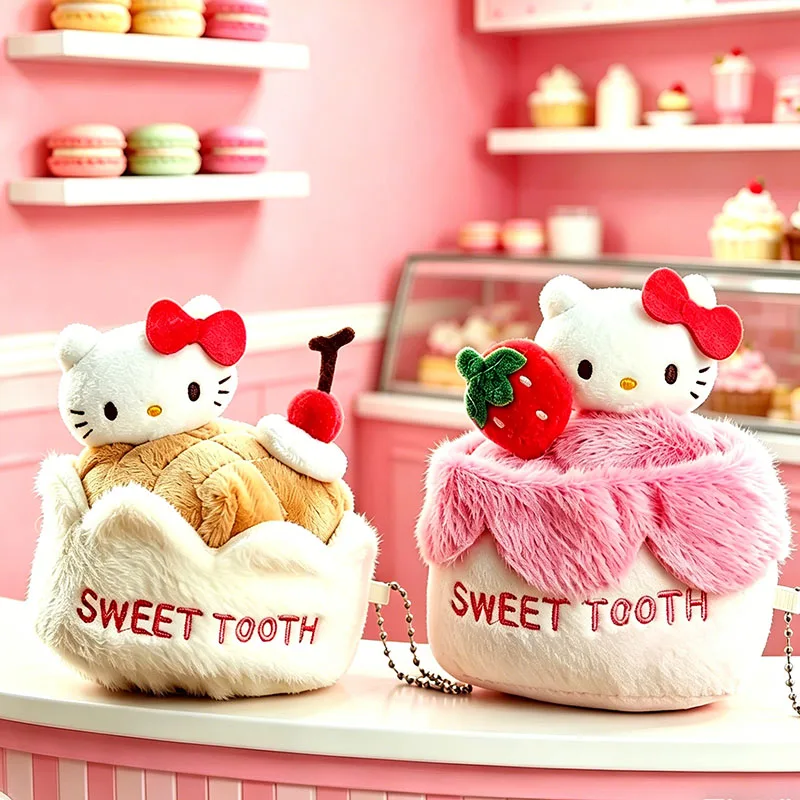 New Hello Kitty Cake Plush Pendant, Cute Cartoon Strawberry Cherry Mini Bag Pendant Keychain, Soft Plush Doll view 2