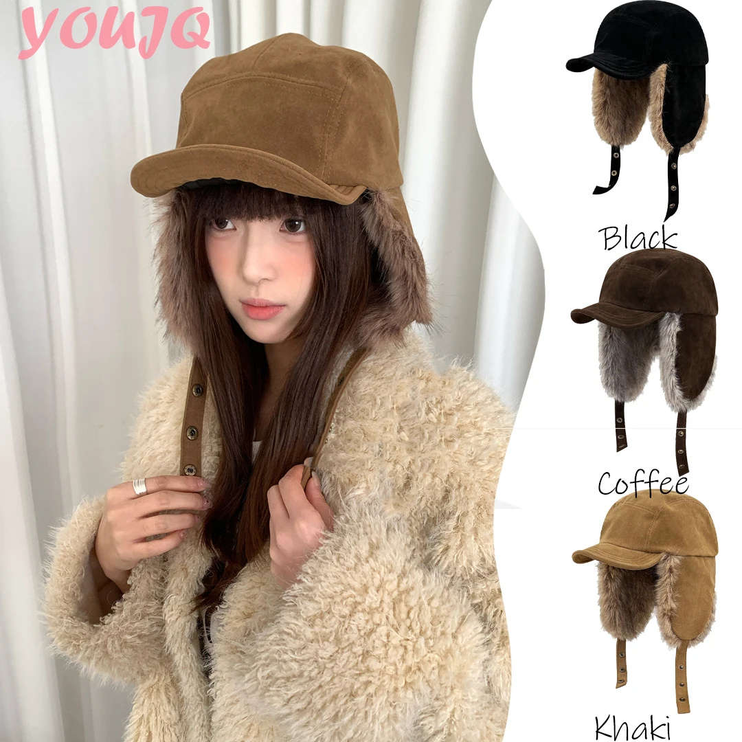 

INS Winter Warm Plush Lining Russian Ushanka Bomber Hats for Women Thicken Ear Protection Skiing Men Windproof Earflap Pilot Cap