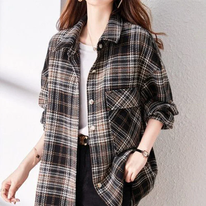 Spring Thick Korean Fashion Loose Shirt Lady Casual Vintage Pockets Long Sleeve Top Women Clothing Simple Commuting Blouses