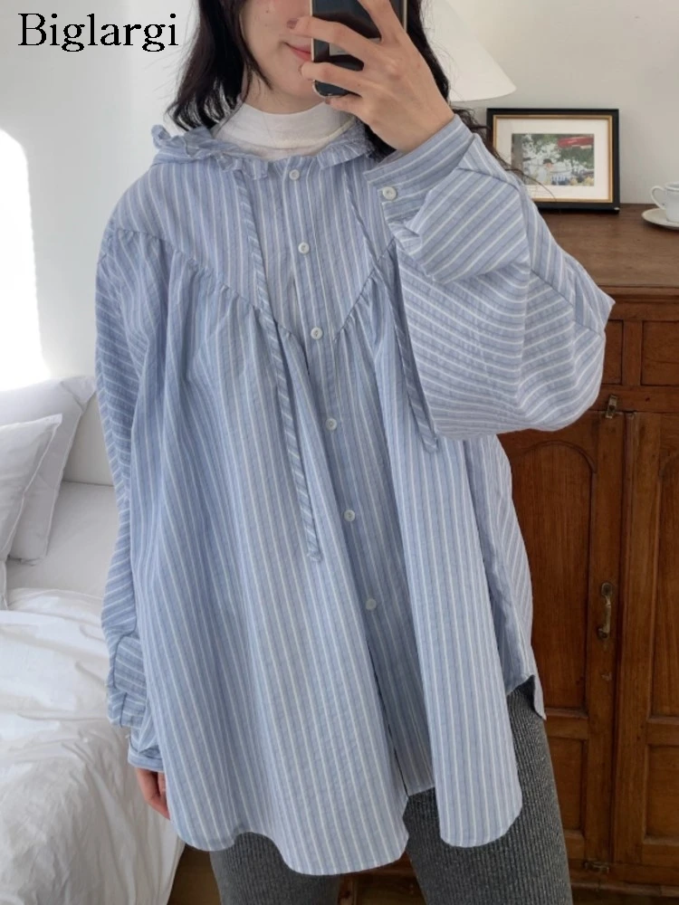 

Autumn Striped Print Hooded Shirts Women Ruffle Pleated Patchwork Fashion Sweet Ladies Blouses Loose Woman Shirt