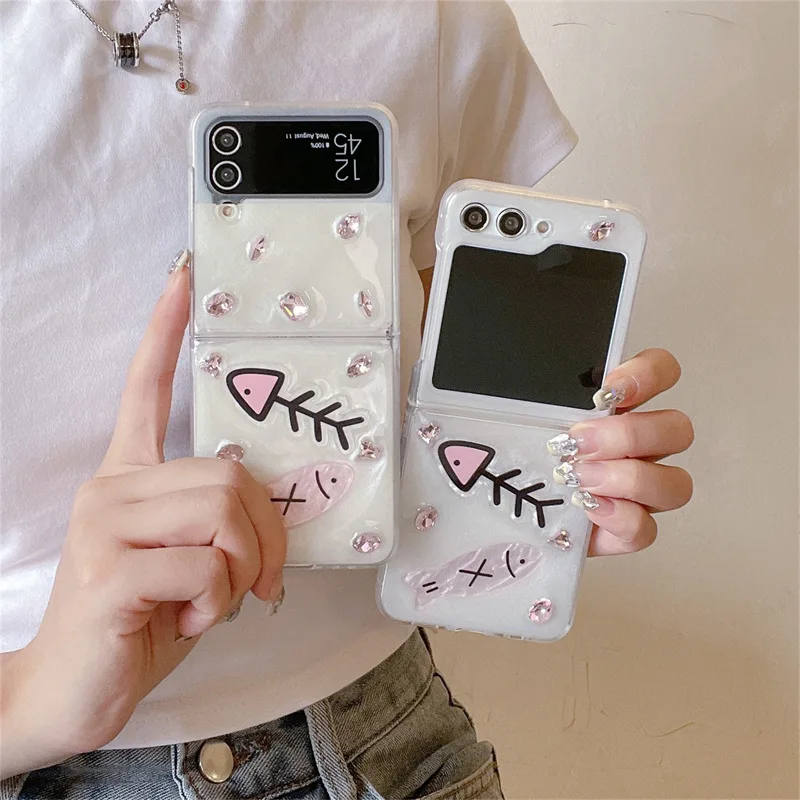 Creative Cute Fish Bone Phone Case for Samsung Galaxy Z Flip 3 Z Flip 4 Z Flip 5 Hard PC Back Cover for ZFlip5 Case Shell