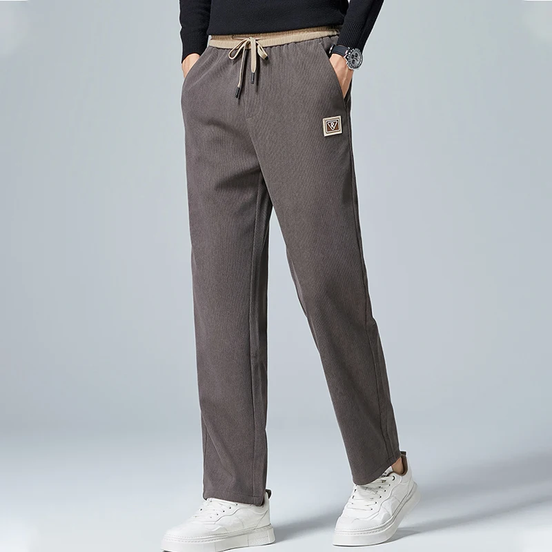 

Мужские вельветовые брюки, осенне-зимние спортивные штаны, однотонные черные серые брюки, прямые брюки с эластичной резинкой на талии и шнурком