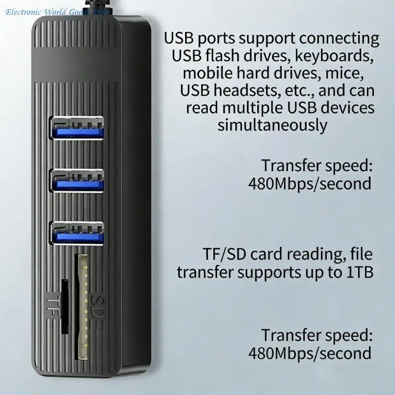 A3PD USB2.0 to USB A Expander Hubs Card Slot Fast 480Mbps Transfer Rate