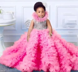 Flower Girls Dresses for Wedding Pink Kids Tulle Puffy Ruffles With Feathers Kids Birthday Party Ball Gowns for Photoshoot