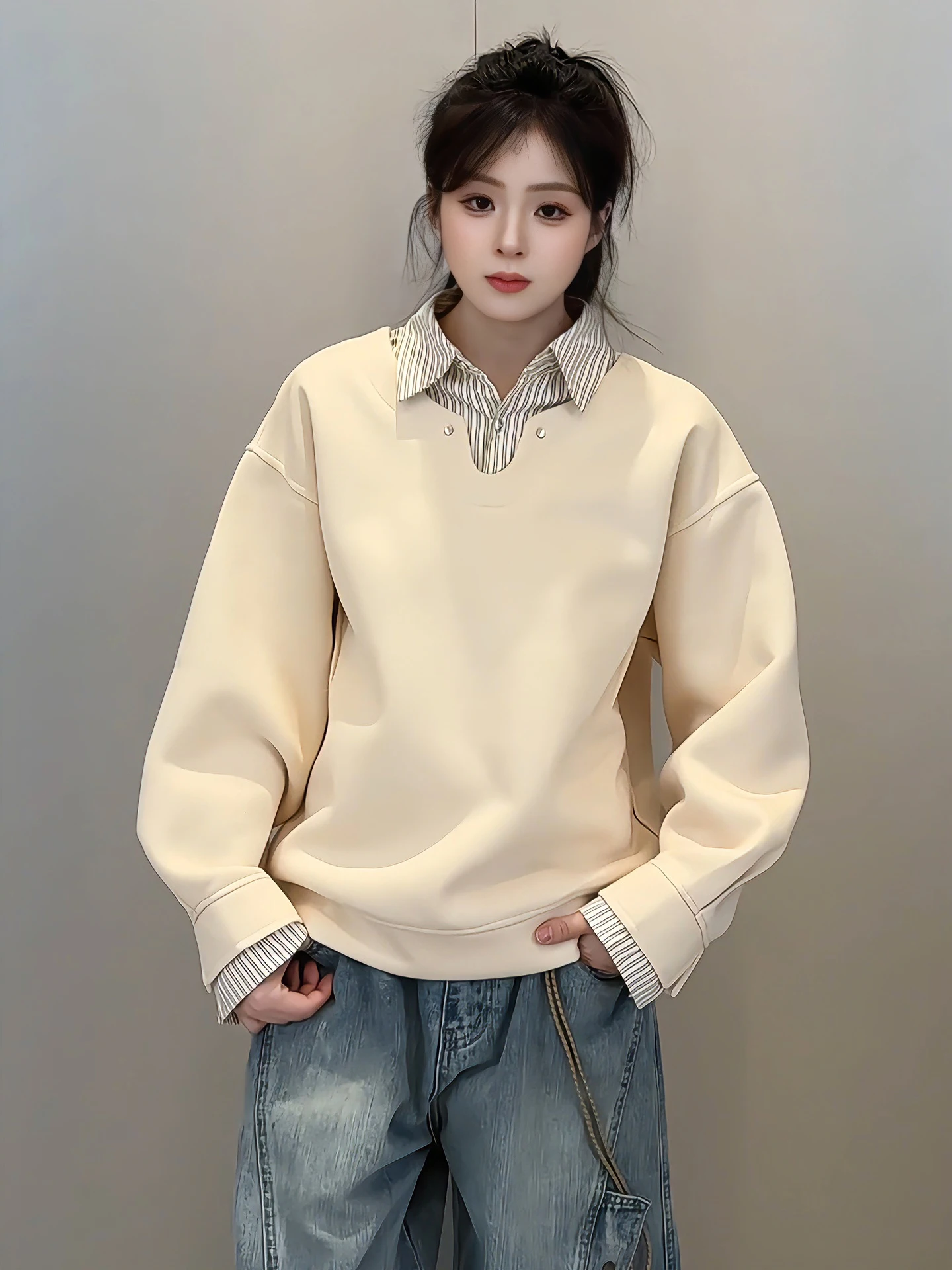 

Men's Long Sve irt Collar Hoodie Striped irt Inner Wear Casual Loose Fit Breathable Warm Cotton Polyester Blend