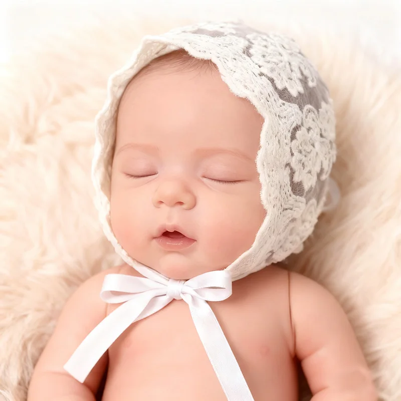 Vintage-Foto-Requisitenmütze mit floraler Spitze für Neugeborene – atmungsaktive, durchbrochene Mütze für Fotografie-Sessions für Babys (0–6 Monate)
